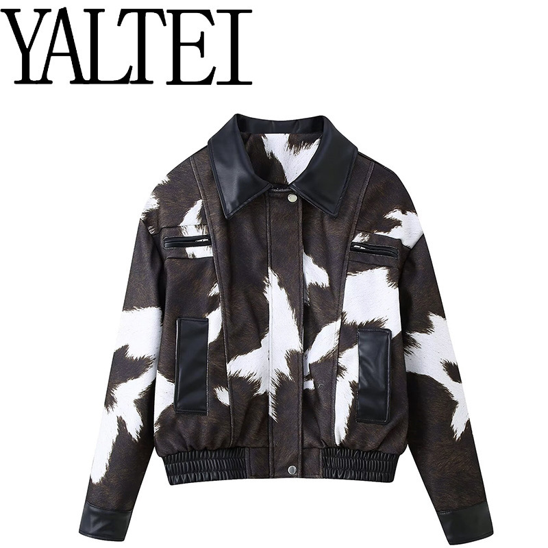 Za Cross-Border Aliexpress Ins European and American Foreign Trade Women's Fashion Cow Print Leather Short Jacket Coat