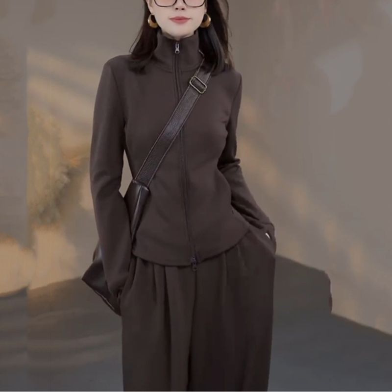 高级感运动休闲套装女加绒加厚秋冬新款时尚洋气上衣阔腿裤两件套|undefined