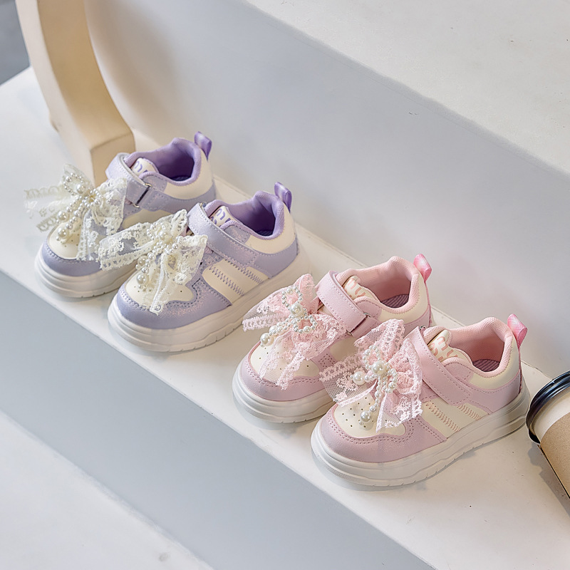 子供用ベルクロロートップ女の子用リボンスニーカー2025秋の新作カジュアルシューズ小中型子供用白靴|undefined
