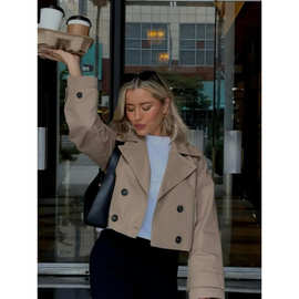ZA跨境外贸欧美风气质女装2025秋季优雅气质双襟短款风衣夹克女士