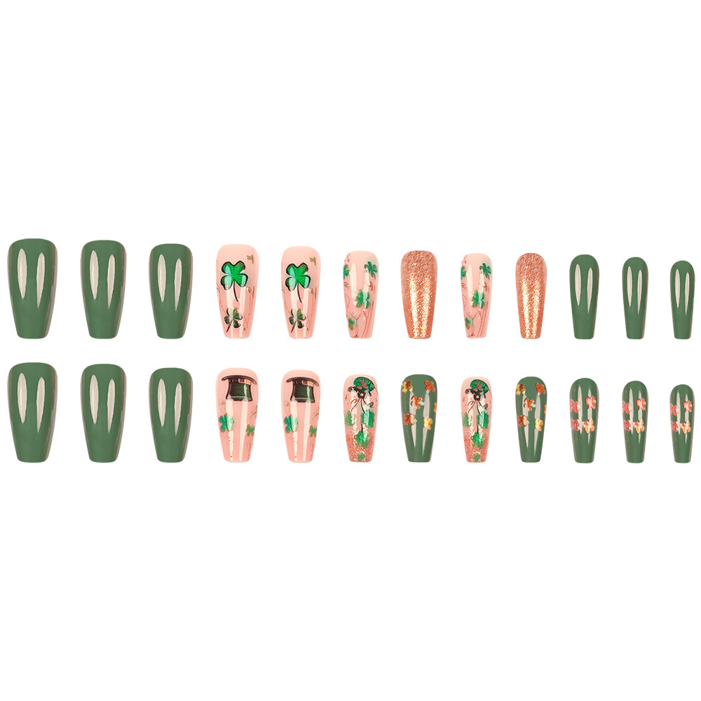 Comercio exterior día de San Patricio usar uñas de oro brillante tridimensional trébol manicure 24 piezas manicure falsas al por mayor