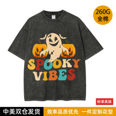 INS人気メンズハロウィン雰囲気TシャツゴーストパンプキンSPOOKY VIBESウォッシュ加工半袖