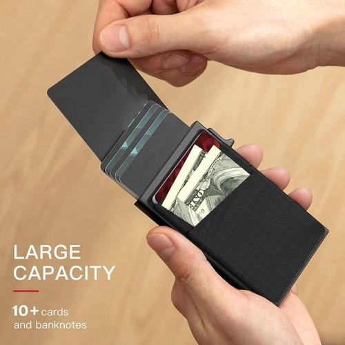 RFID Men's Minimalist Anti-scan Lycra Card Holder with Slanted Design, Aluminum Alloy Frame, and One-Touch Side-Release Mechanism