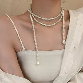韩国东大门长款珍珠项链法式复古设计感锁骨链创意个性网红项饰女