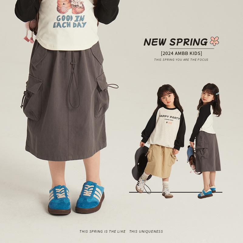 童装女童韩版半身裙春季新款儿童工装长裙中大童时尚复古百搭短裙