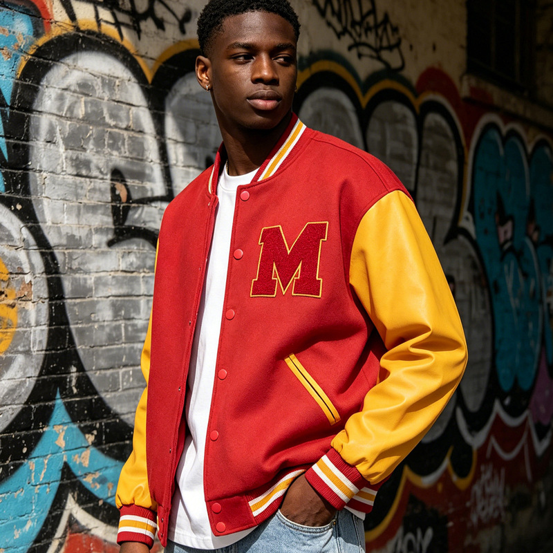 Men's Baseball Jacket with m Letter Embroidery and Pu Leather Sleeves, Michael Jackson Thriller Mj Jacket for Halloween