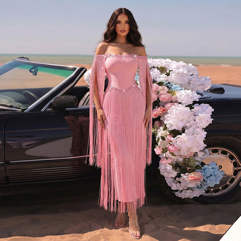 Cross-border new women's fashion sexy one-shoulder backless tassel pearl and diamond embellished slim-fit long bandage dress