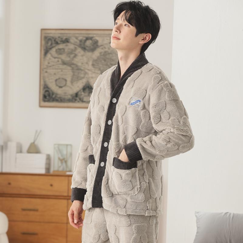 토끼 자카드 산호 양털 파자마 여성 기모 두꺼운 V-NECK 아웃웨어 플란넬 커플 홈 의류 세트 남성
