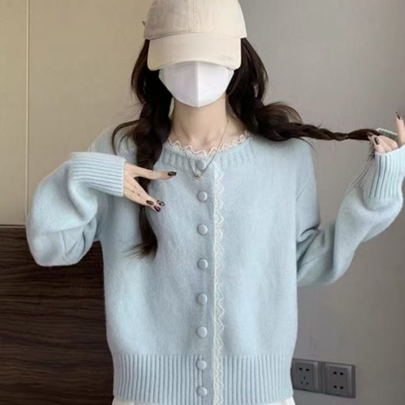 法式蕾丝花边开衫女时尚单排扣温柔宽松甜美针织毛衣春秋外套上衣|undefined
