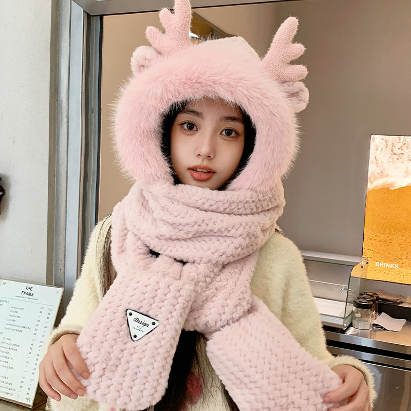 新款圣诞鹿角帽子围巾一体女可爱百搭加绒手套加厚保暖围脖三件套|undefined
