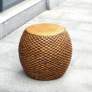 Household Small Rattan Stool Rattan Round Drum Stool Simple Sofa Stool Low Stool Sitting Pier Solid Wood Shoe Changing Stool Casual Stool &