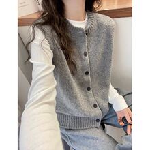 春秋款新款圆领单排扣无袖针织衫马甲女外套韩版别致外穿灰色背心
