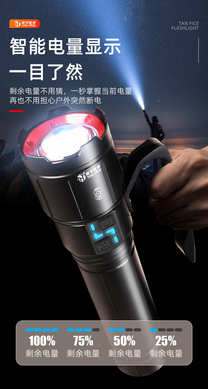 Aluminum Alloy Flashlight, Outdoor Strong Light, Multi-Functional Outdoor Emergency Light, Large Lithium Battery, Ultra-Bright Flash, Strong Light, Long-Range Spotlight