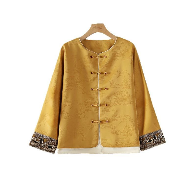 Long-sleeve, retro jacket, spring cardigan, Chinese style, fitted