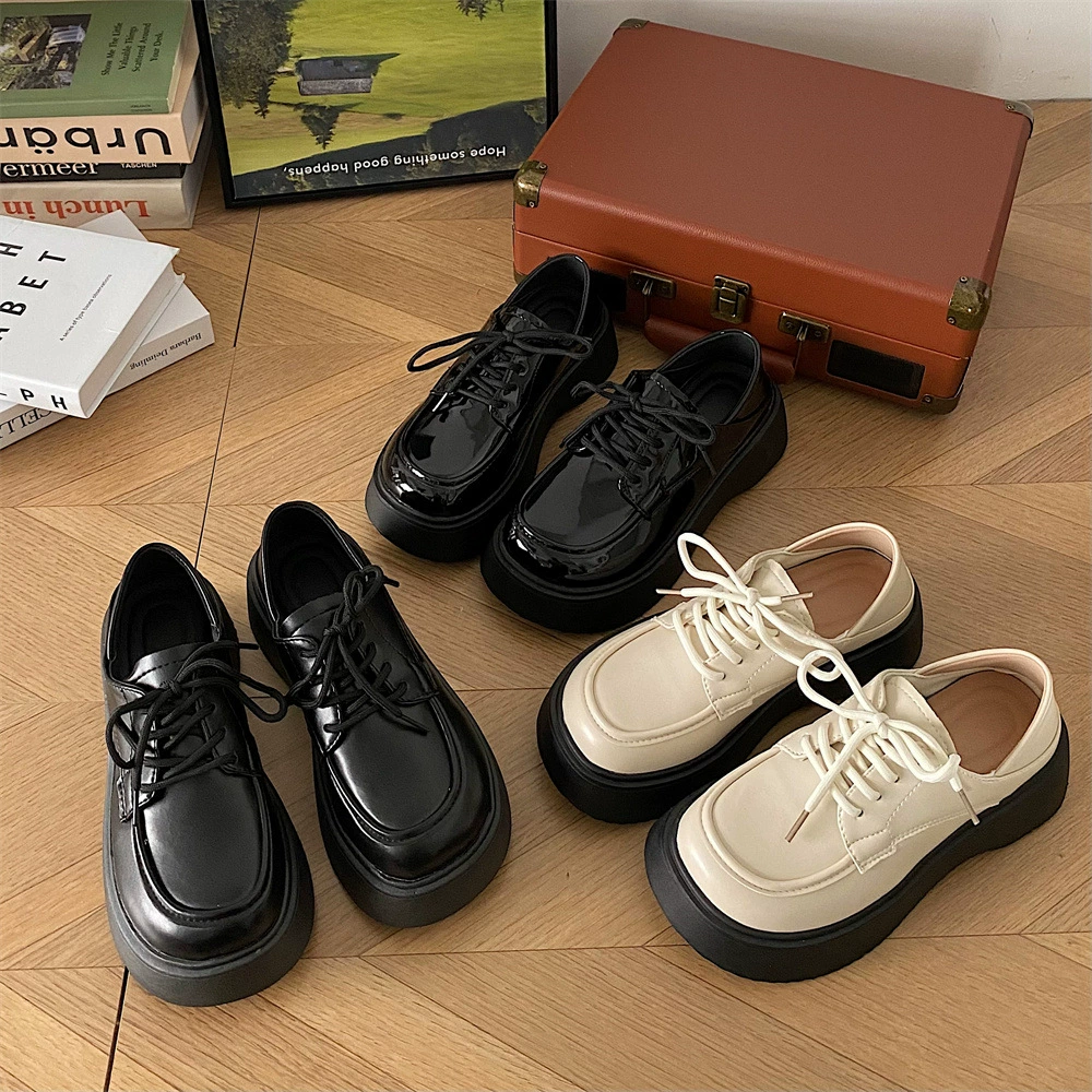Маленькие кожаные туфли женские в британском стиле, новые весенне-летние студенческие ретро-черные туфли на шнуровке и толстой подошве с большой головой, универсальные туфли Мэри Джейн