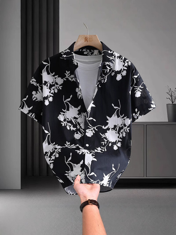 Summer Short-Sleeved Shirt Men's Casual Hawaiian Style Floral Shirt Plus Size Handsome Beach Shirt Loose Thin Top