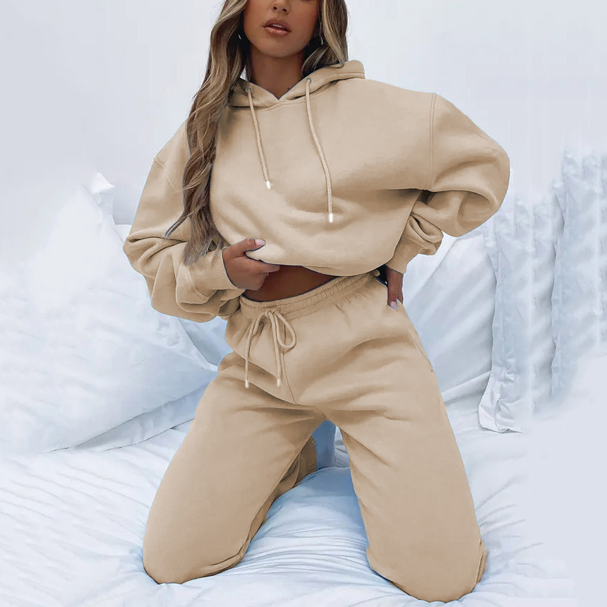 2025 Cross-Border European American Spring And Autumn Solid Color Hooded Pullover Pants Women's Urban Casual Pocket Long_voghion.com
