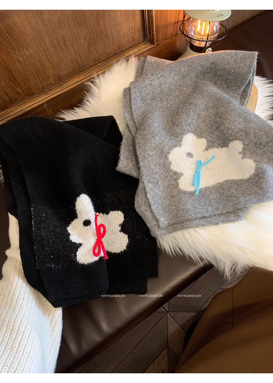 Winter 2024 New Warm Knitted Female Cute Rabbit Bow Leisure Outdoor Windproof and Cold resistant Scarf_voghion.com