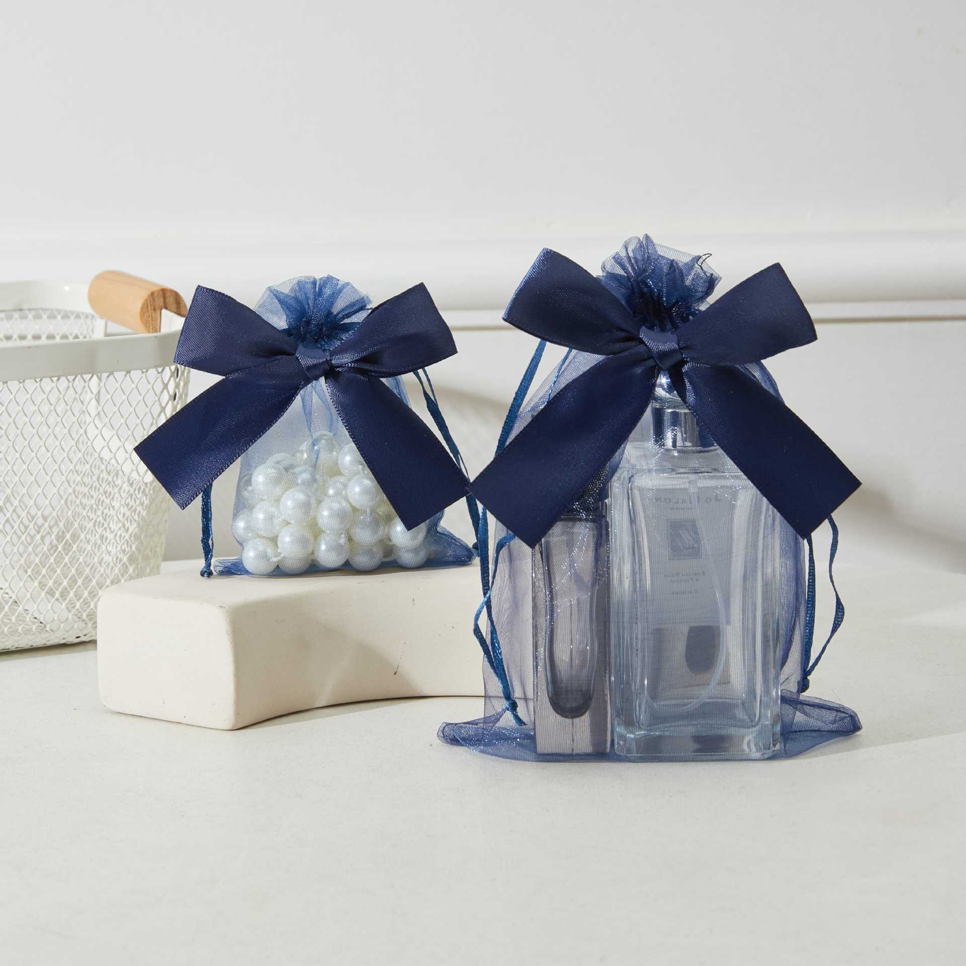 Bolso de gasa con lazo dorado transfronterizo, bolsa de dulces de boda, bolsa de regalo para fiesta, bolsa de embalaje de regalo, bolsillo con cordón