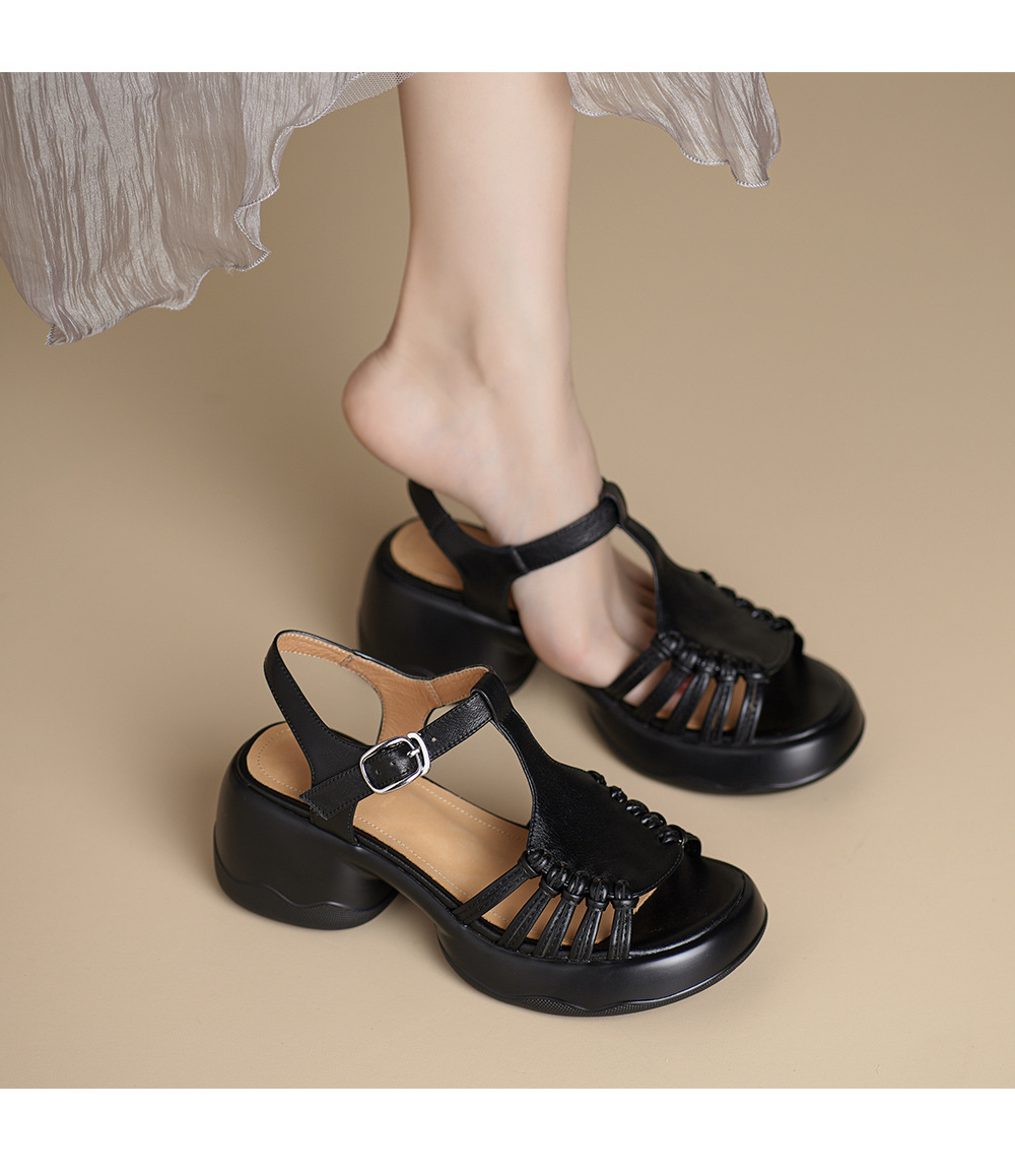 Sandal nữ đế dày quai ngang khóa chữ T dệt phong cách thể thao — đen chi tiết 2