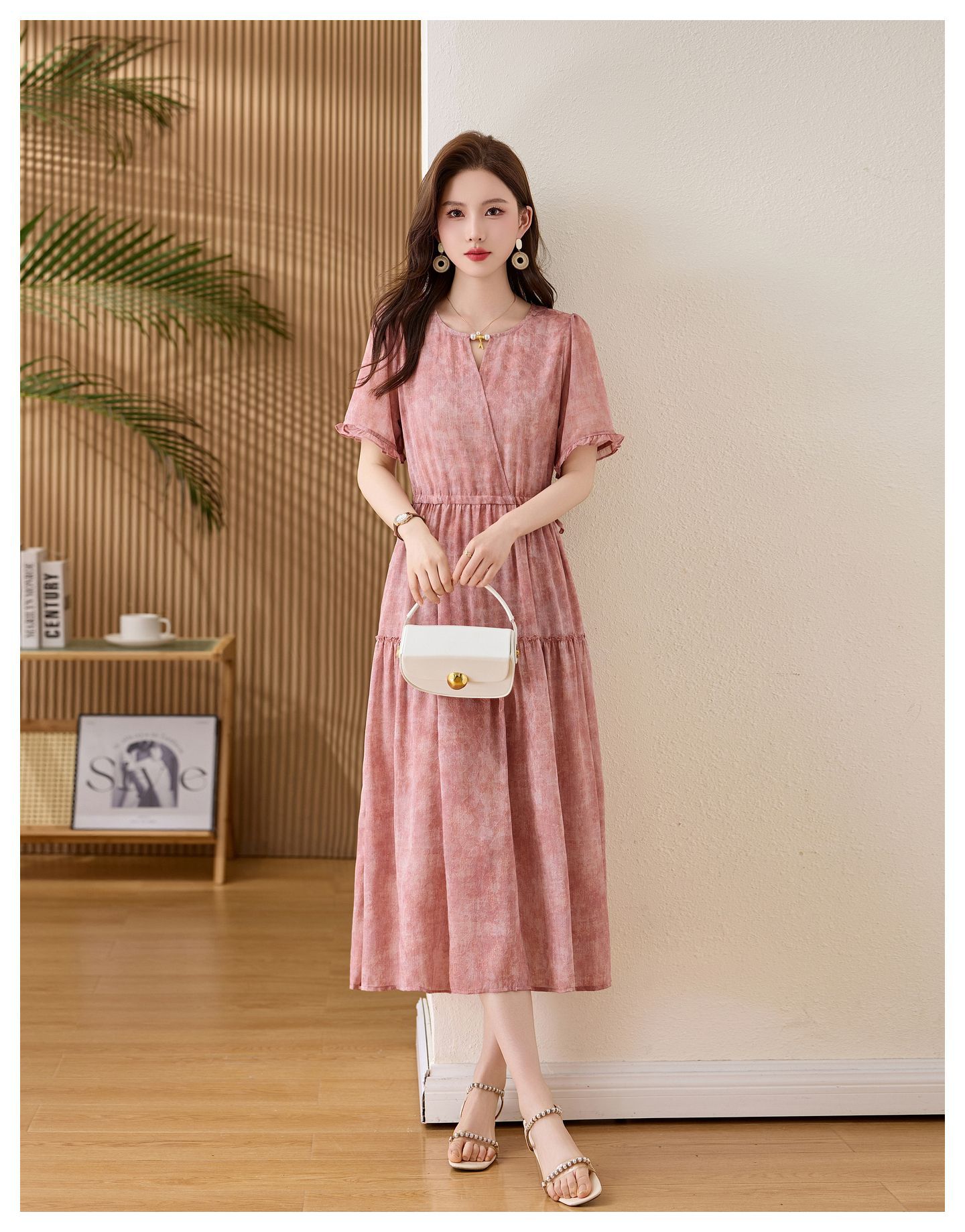 Đầm maxi nữ thắt eo cổ V tay ngắn họa tiết hoa dáng dài GT8207 — xanh lam, Màu hồng chi tiết 27