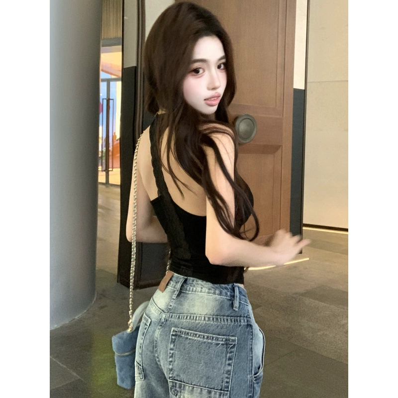 Реальный снимок и реальная цена. Темный стильный жилет с открытой спиной и вырезом с кружевной отделкой.