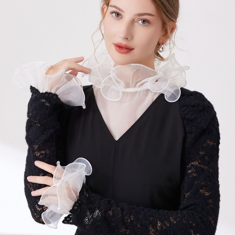 Pure Desire Style Wavy Petal Mesh Fake Collar with Matching Fake Cuffs, Ultra-Fairy Light and Sheer See-Through Clothing Base Accessory