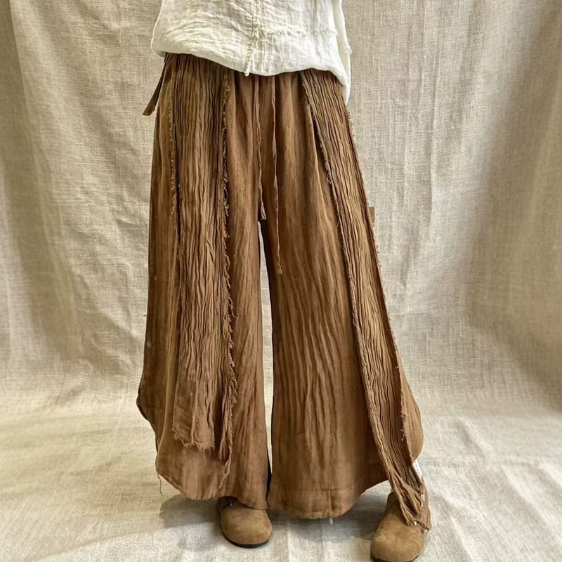 Designer Pure Linen Stylish Straight Wide-Leg Pants for Women 26 Summer New Elastic Waist Drawstring Versatile
