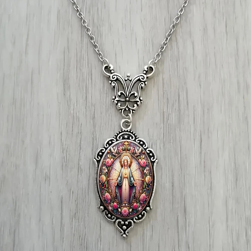 跨境temu 椭圆形吊坠经典花团中的女人精美吊坠项链 厂家直销