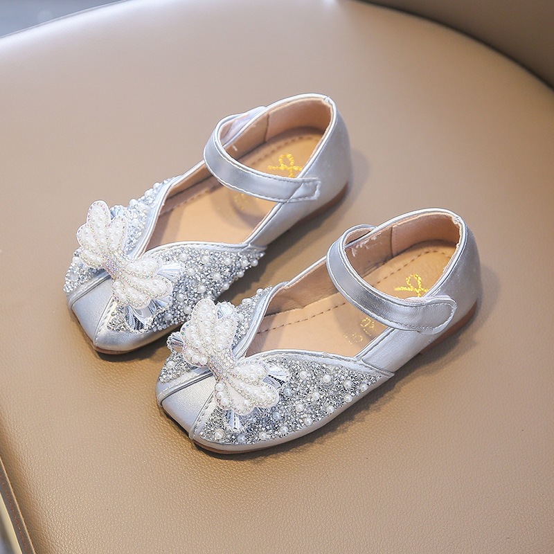Sapato feminino estilo princesa, em couro com cristais, sola macia e laço, ideal para primavera/outono._voghion.com