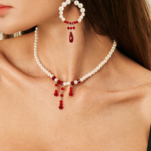 欧美跨境万圣节滴血水晶流苏项链女 哥特风仿珍珠串珠项饰choker
