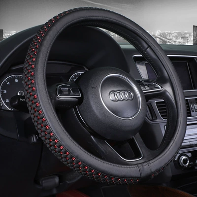 Cross-Border Popular Universal Steering Wheel Cover with Good Woven Feel, Ice Silk Car Car Handle, Wear-Resistant and Sweat-Absorbent for All Seasons (Steering wheel cover) - premium-black-and-red-38cm