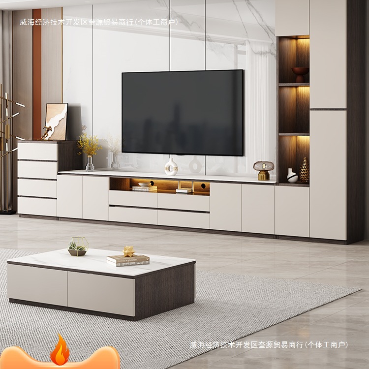 Slate Floor-Standing Tv Cabinet Storage Cabinet Integrated Coffee Table Combination Light Luxury Modern Small Apartment Living Room Home Background Wall