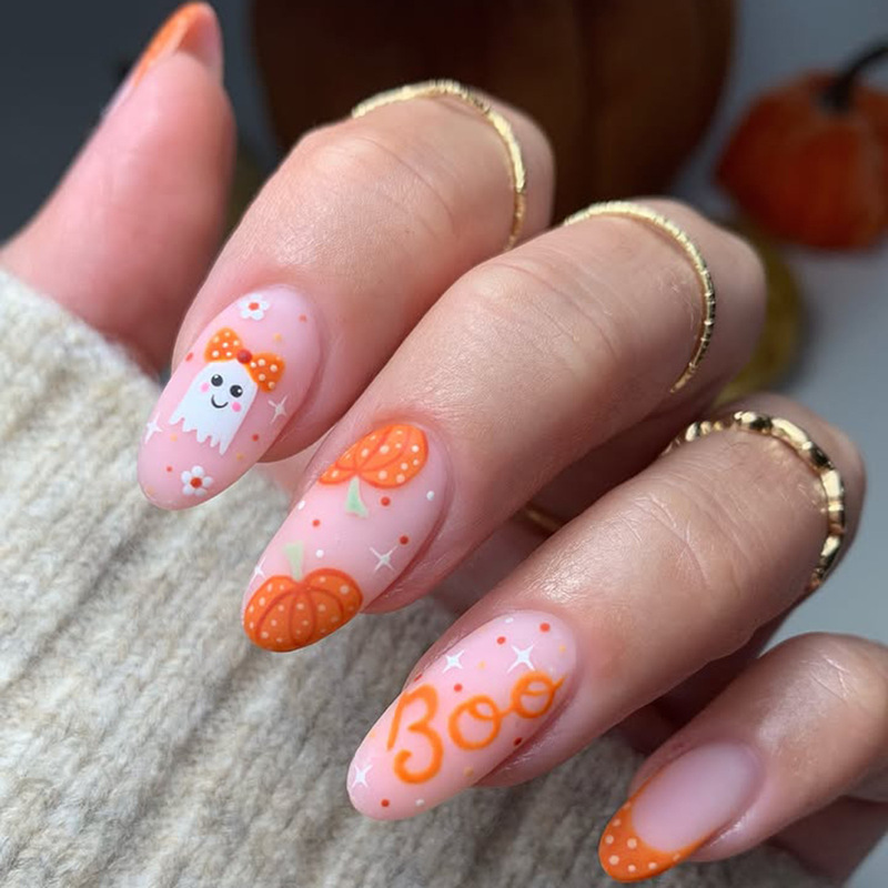 European and American Style 24-Piece Short Almond-Shaped Wearable Nails Halloween Series Pumpkin Ghost Polka Dot French Nail Stickers