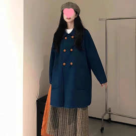 蓝色翻领双排扣毛呢外套女秋冬季气质休闲显瘦减龄中长款呢子大衣