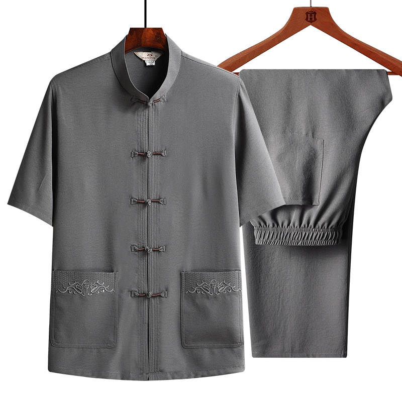 Summer men's Tang suit short-sleeved set for middle-aged and elderly fathers, with embroidered pockets, Chinese style two-piece set for grandfathers.