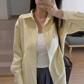 跨境2024新款奶黄色条纹衬衫女宽松百搭小众衬衣设计感春秋上衣