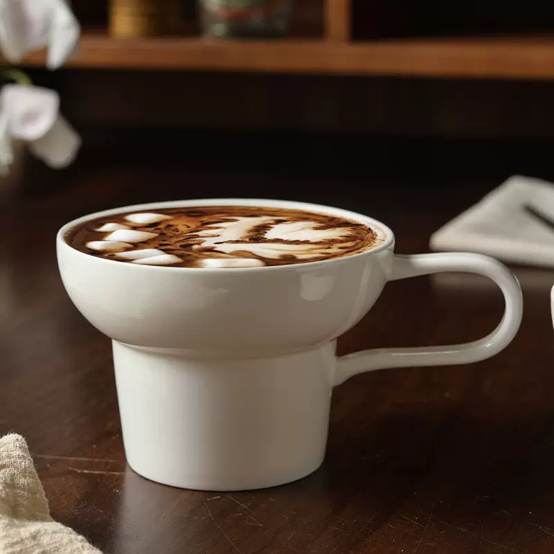 中古风宽口陶瓷女士精致咖啡杯拉花杯设计感小众杯子纯白马克杯