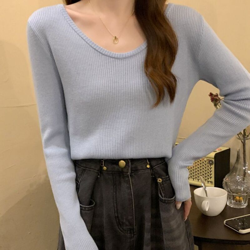 2023 new knitted bottoming shirt women's autumn and winter windbreaker inner V-neck short sweater with wide leg pants