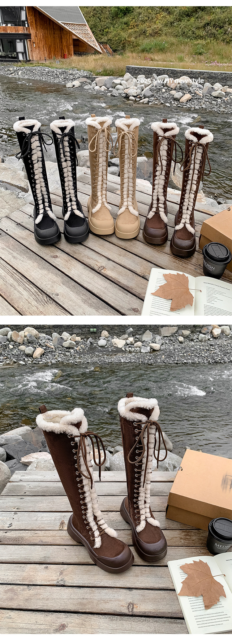 Boot nữ cổ cao lông dày ấm áp, dây buộc phong cách hiệp sĩ, đế chống trượt mùa đông — màu nâu chi tiết 10