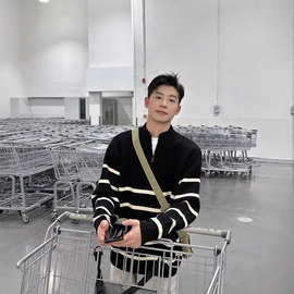 黑白条纹立领半拉链纯澳洲羊毛男秋冬季休闲宽松慵懒风套头针织衫