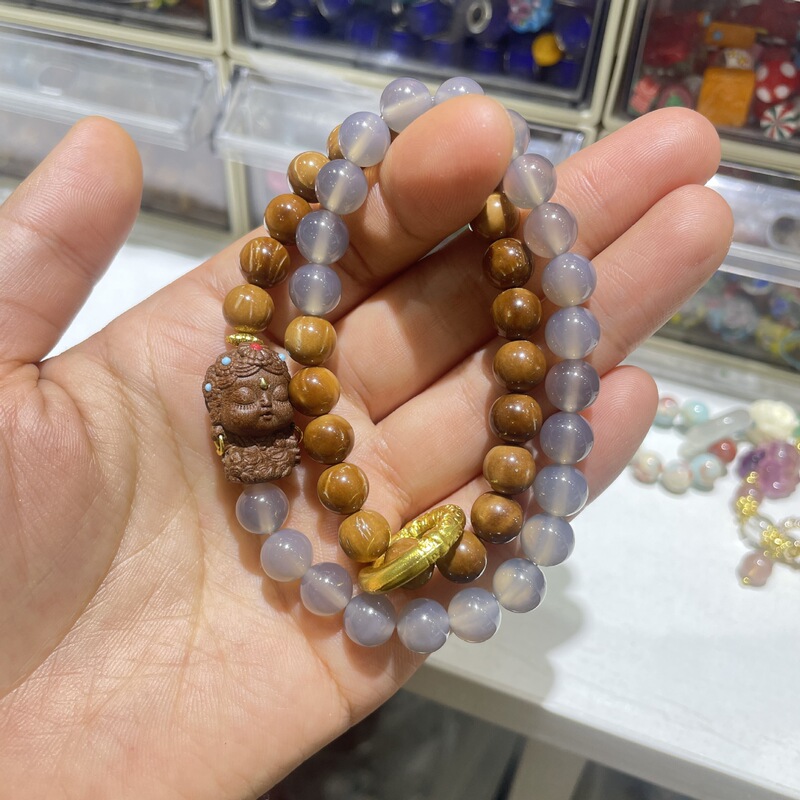 Premium Cook Double Circle Barbie Sandalwood Mother Bracelet Natural Gray Agate Laoshan Sandalwood Multi-Circle Bracelet Unisex Versatile