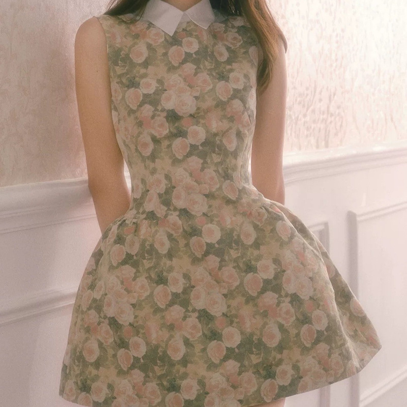 Rose Oil Painting Shirt Collar Sleeveless Dress Women's Autumn Style Fluffy Slim Waist Vest Dress
