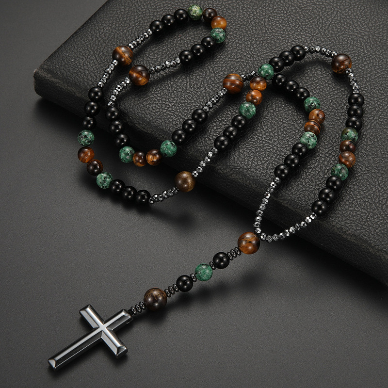 2024 cross-border new african pine yellow tiger eye vintage natural stone men's long cross necklace sweater chain