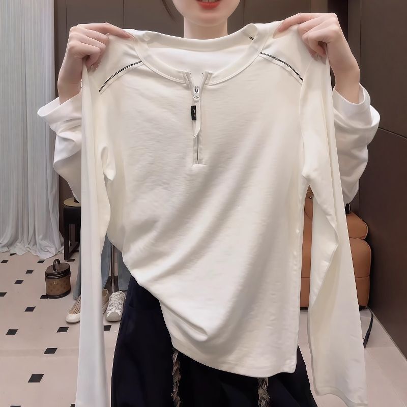 White Half-Zip Round Neck Long-Sleeved T-Shirt for Women in Autumn and Winter Slimming Look Inner Layering Bottoming Shirt High-Bottom Top White Half-Zip Round Neck Long-Sleeved T-Shirt for Women in Autumn and Winter Slimming Look Inner Layering Bottoming Shirt High-Bottom Top