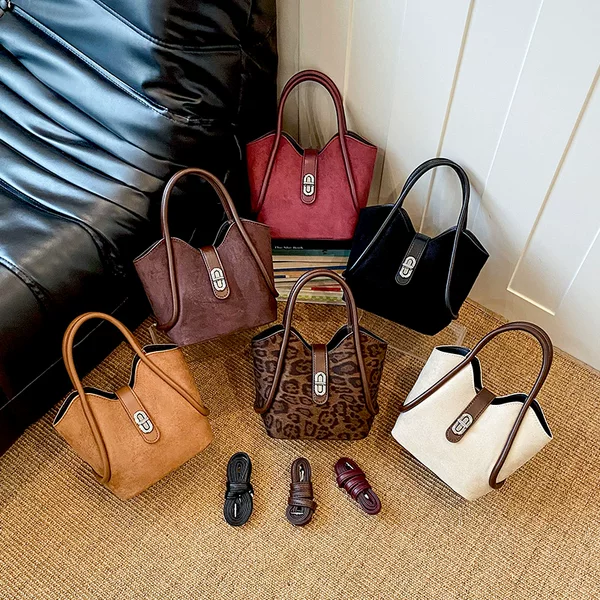 Cross-border fashion, matte finish, color-blocked bucket bag for women, European and American retro style, high-end handbag, classic shoulder bag, crossbody bag