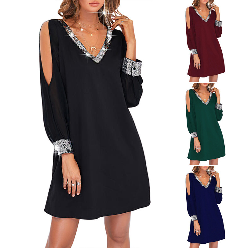 2022Wish Amazon European and American Contrasting Color Stitching Sequin Chiffon Off-Shoulder Dress 4 Colors Available