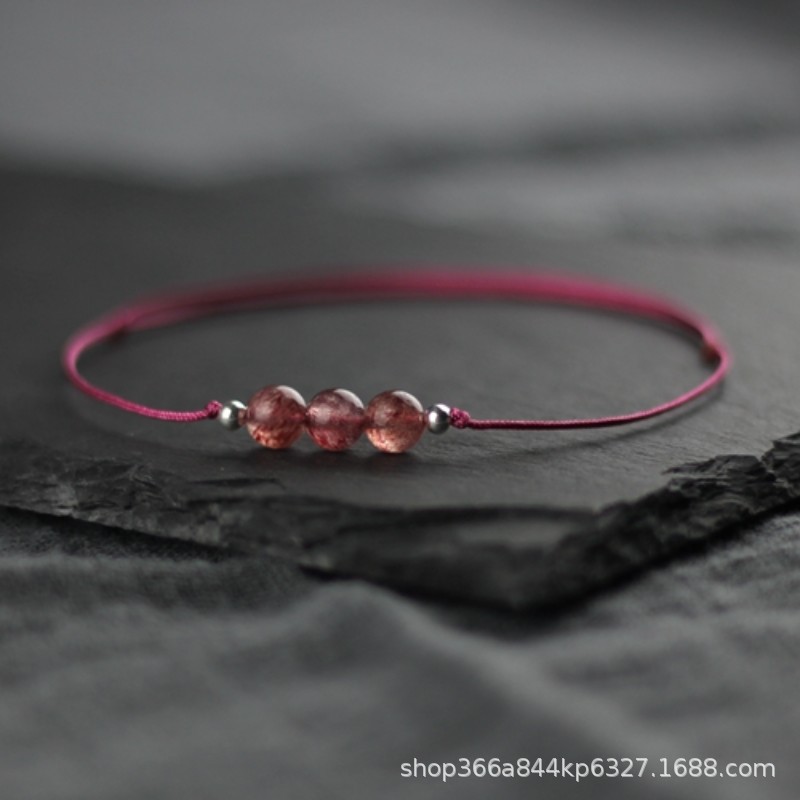 Women's Strawberry Crystal Anklet Foot Rope Adjustable Benmingnian Hand Rope with 925 Transfer Beads Ethnic Style