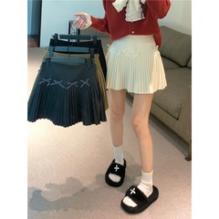 春季新款甜美高腰毛呢百褶裙女秋冬蝴蝶结防走光半身裙短裙工厂