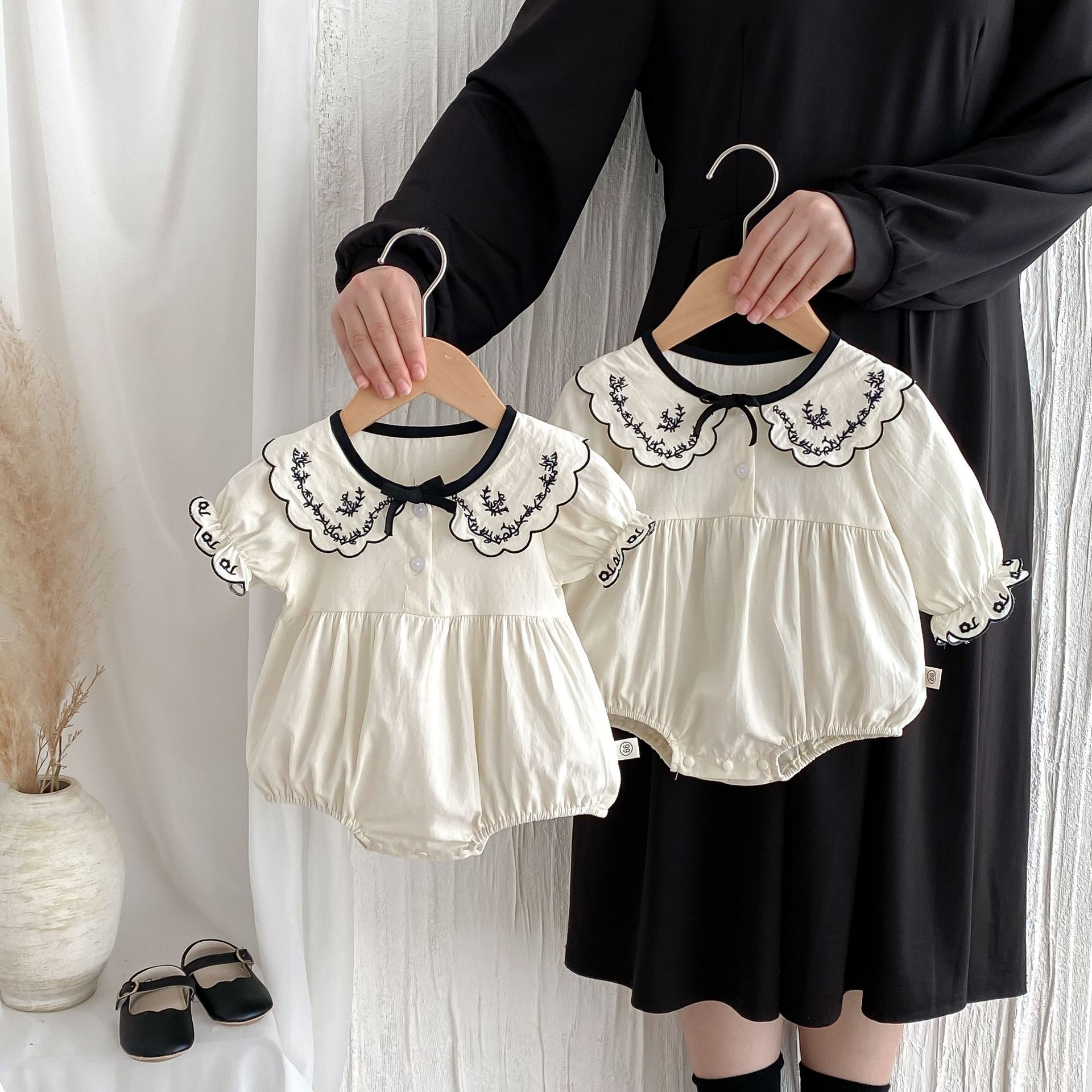 2025 Baby's Summer Embroidered Lapel Short-sleeved Jayshirt Western-style Baby Girl's Sweet Bow Wrap Clothes